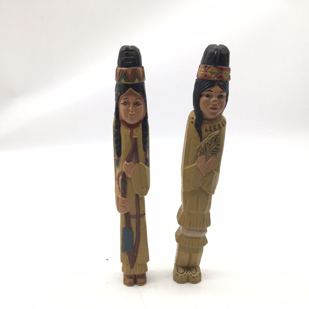 Vtg Wooden Carved Painted Native American Man Woman Figures Thanksgiving Decor
